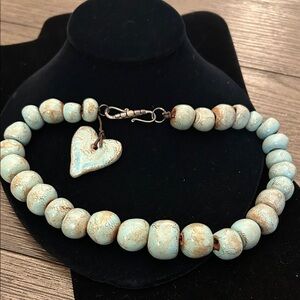 Terracotta Clay Artisan Turquoise Beaded Heart Necklace Sterling silver Clasp
